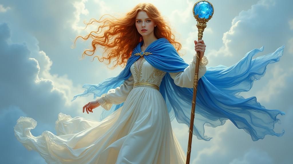 A beautiful young woman. Her hair auburn and is very long and flowing behind her as a wind is blowing it. She has a whit...