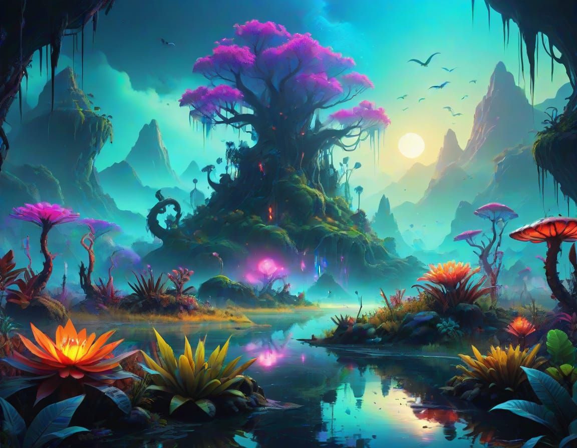 Surreal World with Neon Plants in Digital Art