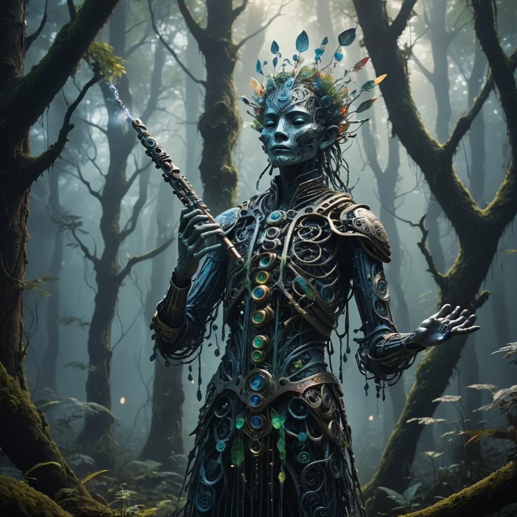 Humanoid Flute Forest Spirit in Misty Forest