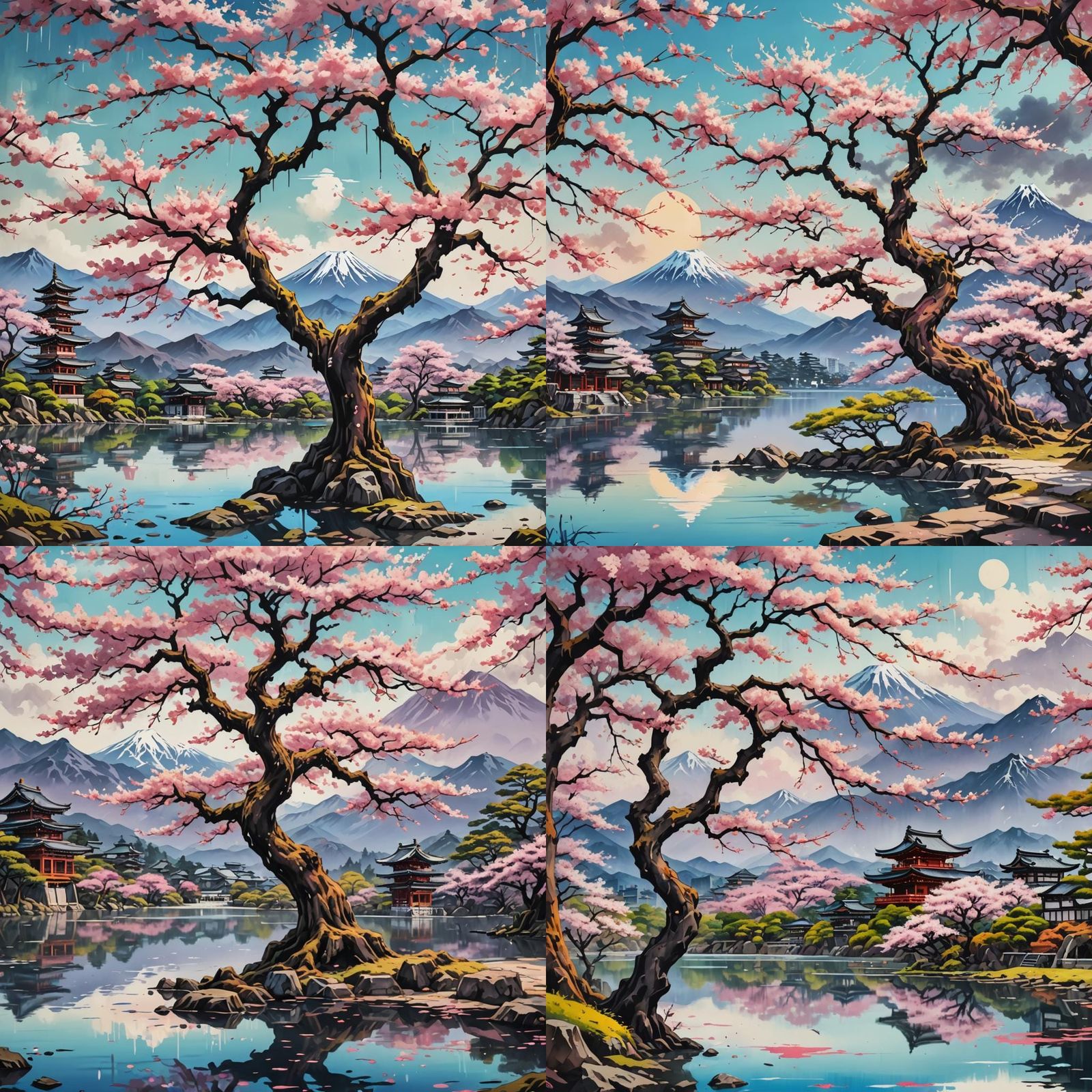 Sakura Tree Graffiti Art with Japanese Temple