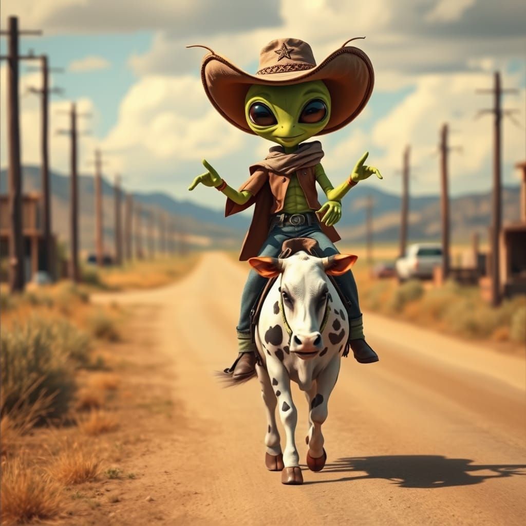 Alien Rides Cow on Western Road