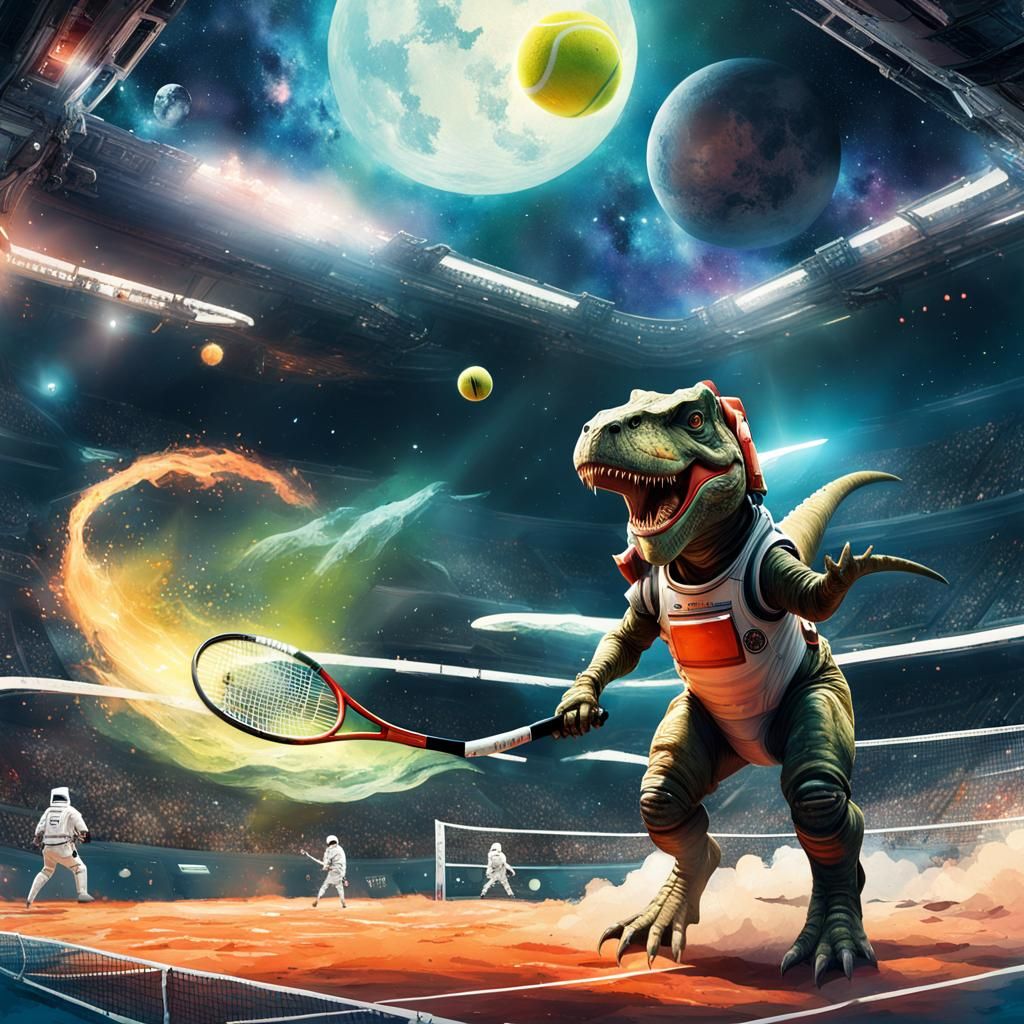 T-Rex Plays Tennis in Space Watercolor