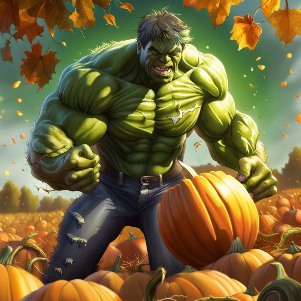 Hulk Smashes Pumpkin in Sunny Digital Illustration