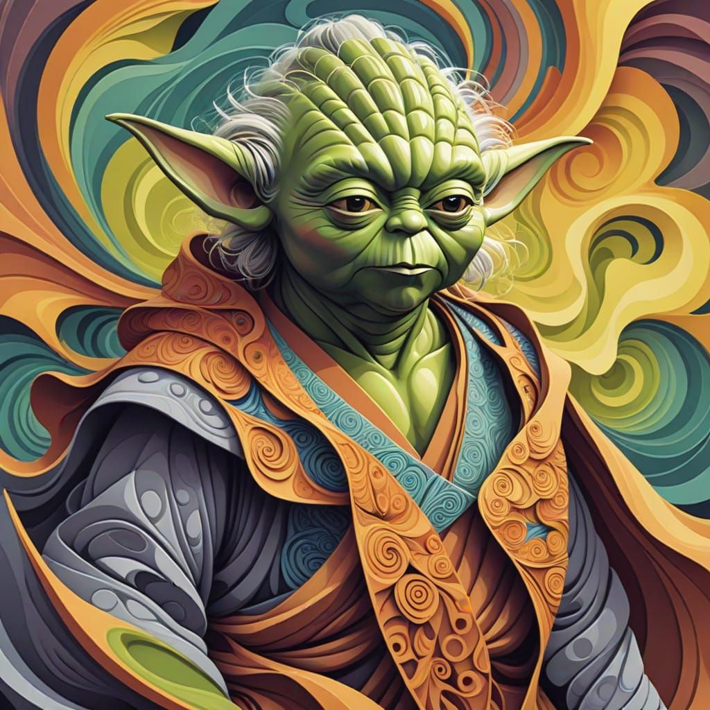 Abstract Fractal Yoda Gouache Painting