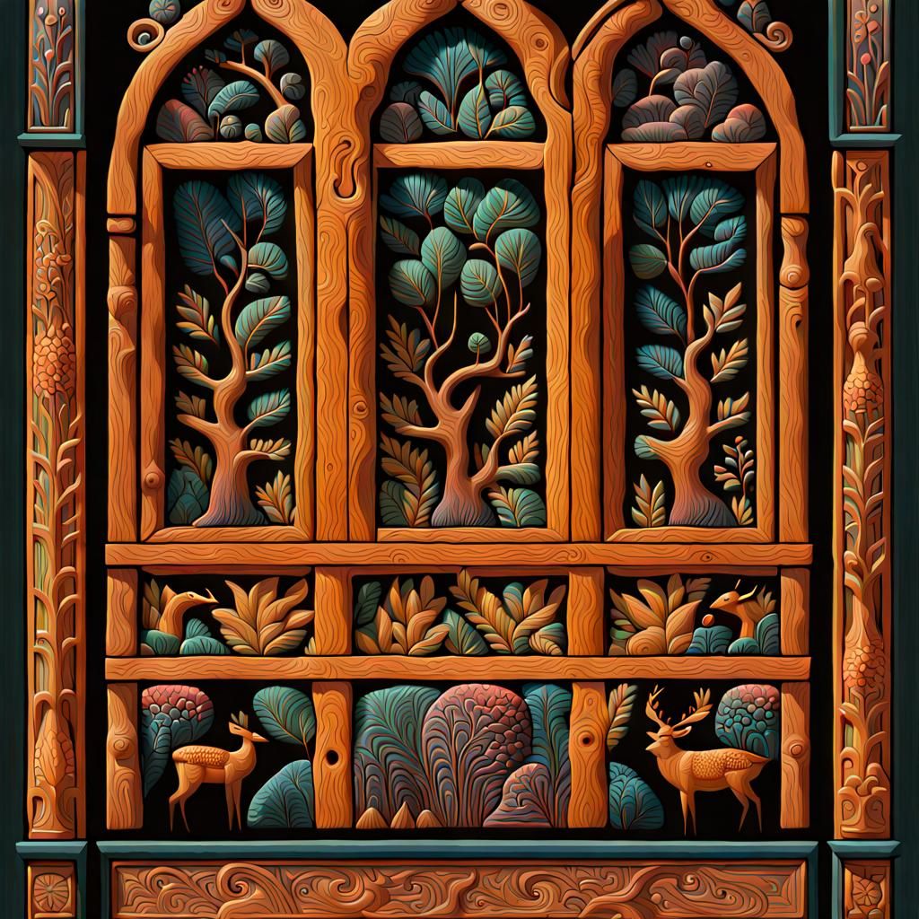 Carved Wooden Window Casing in Folk Art Style