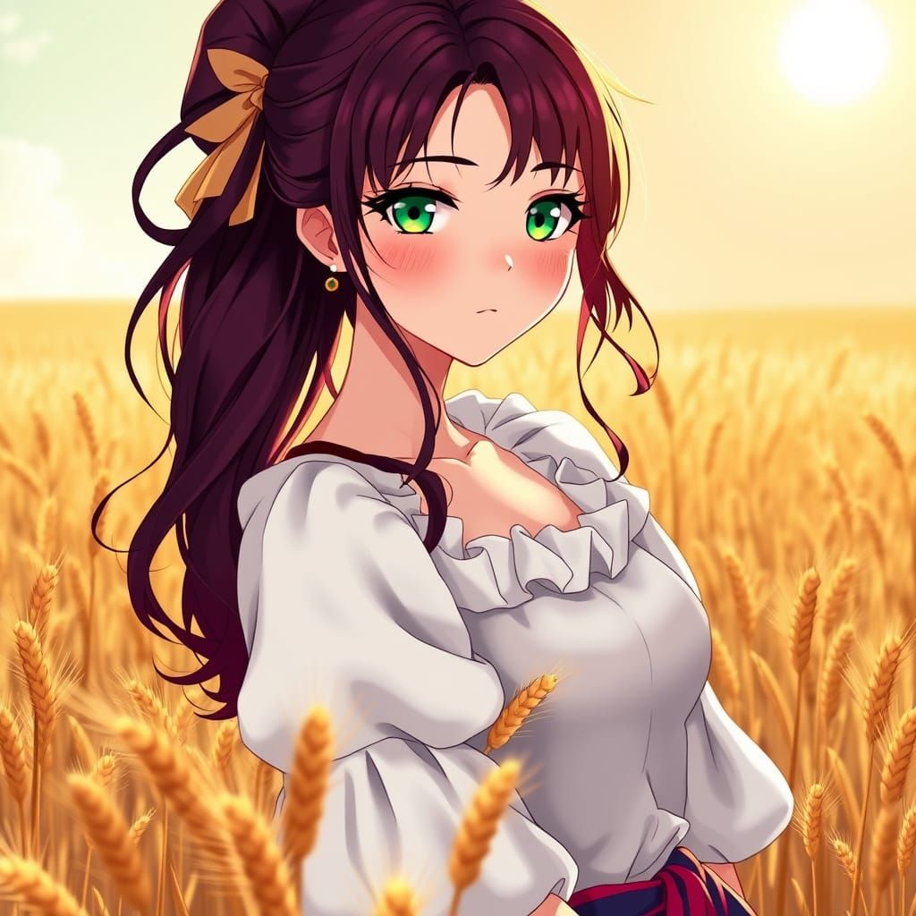 Anime Woman in Rye Field with Golden Spikelets