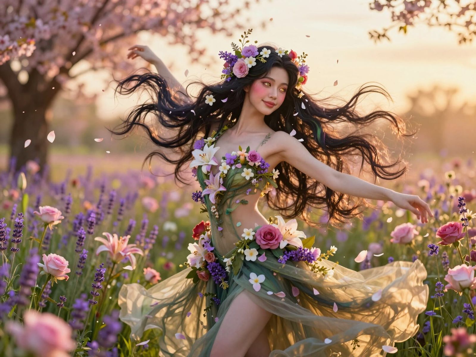 Flower Demon Spirit Dancing in Golden Sunset Meadow