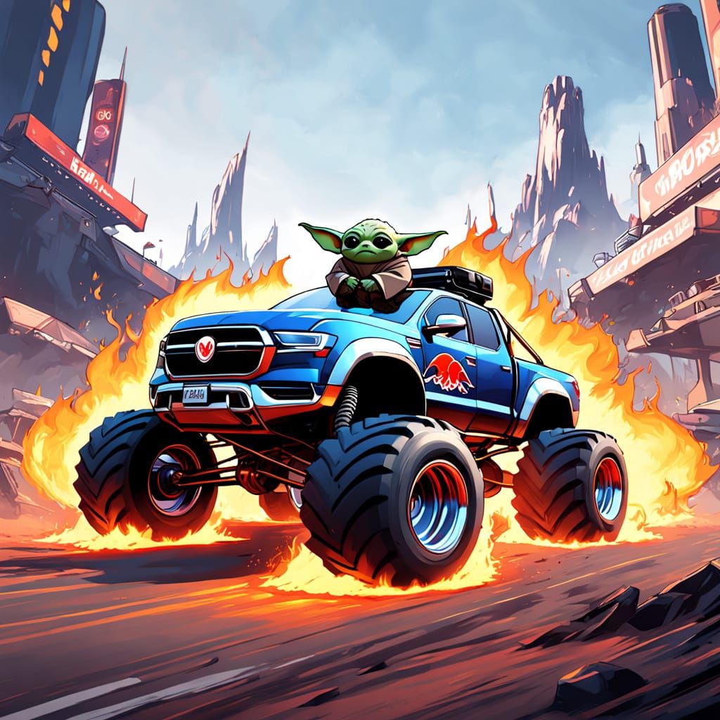 Surreal Baby Yoda Cruises Neon Landscape on Monster Truck