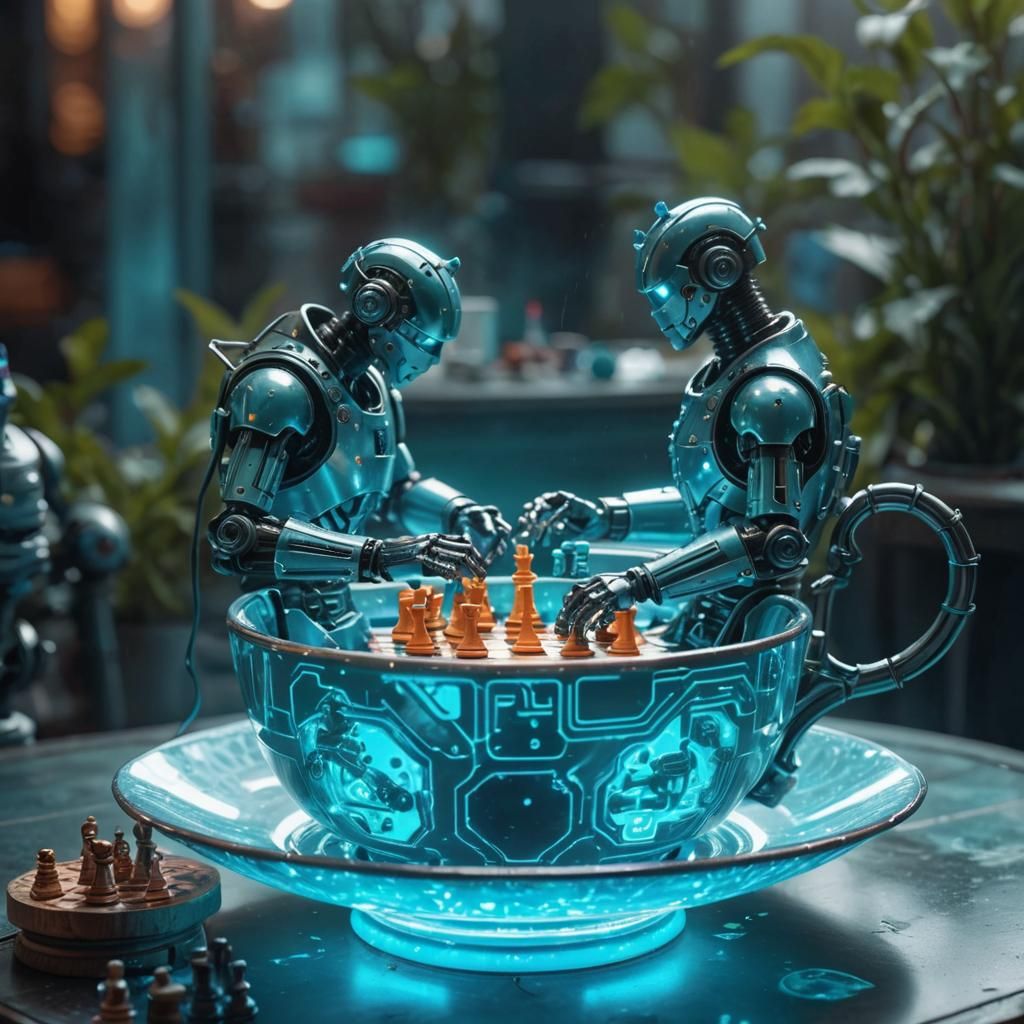 cyberpunk hologram robots fighting chess battle inside a tea...