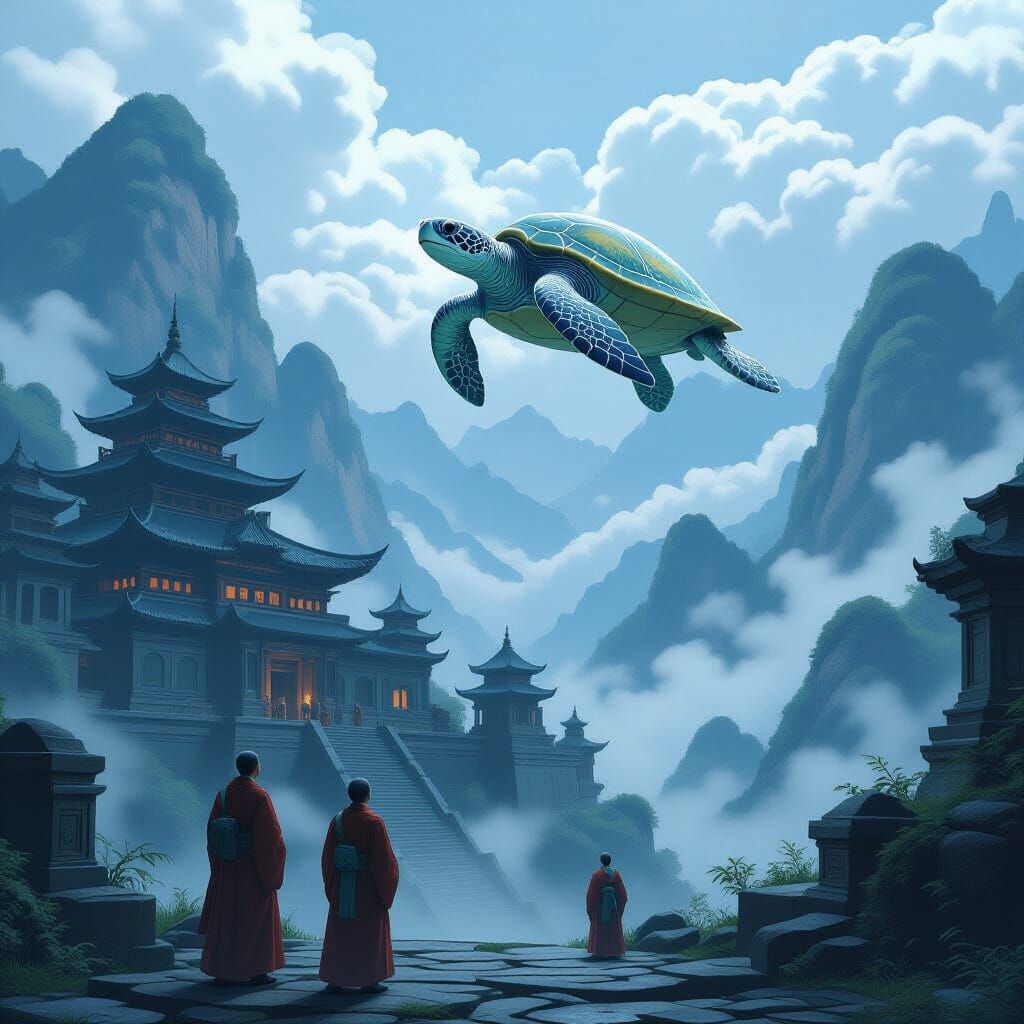 Mountain Temple Turtle: Whimsical Fantasy Scene