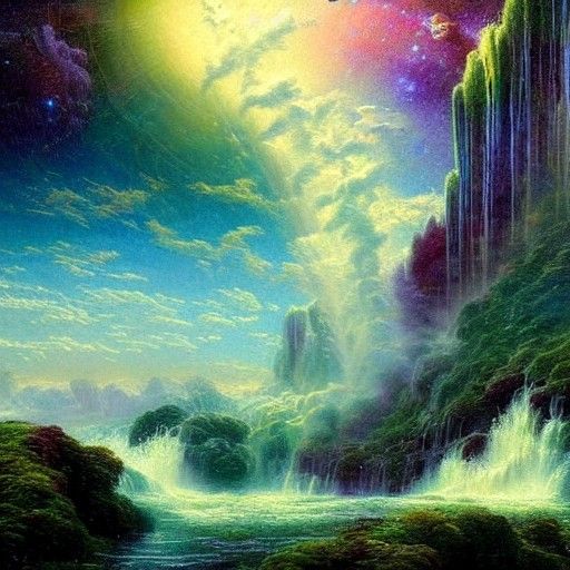 Lush Cosmic Landscape with Magical Waterfall