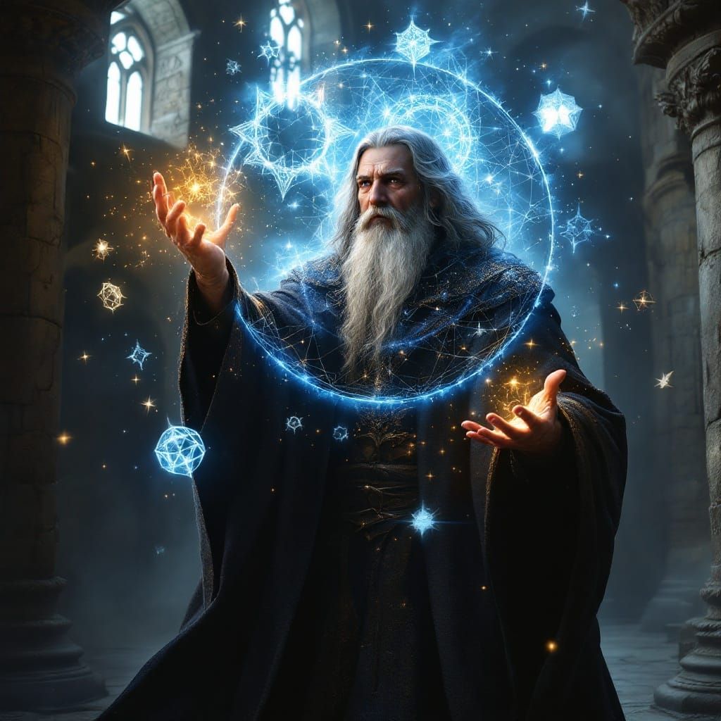 Mystical Wizard Conjure Glowing Fractals in Ancient Castle