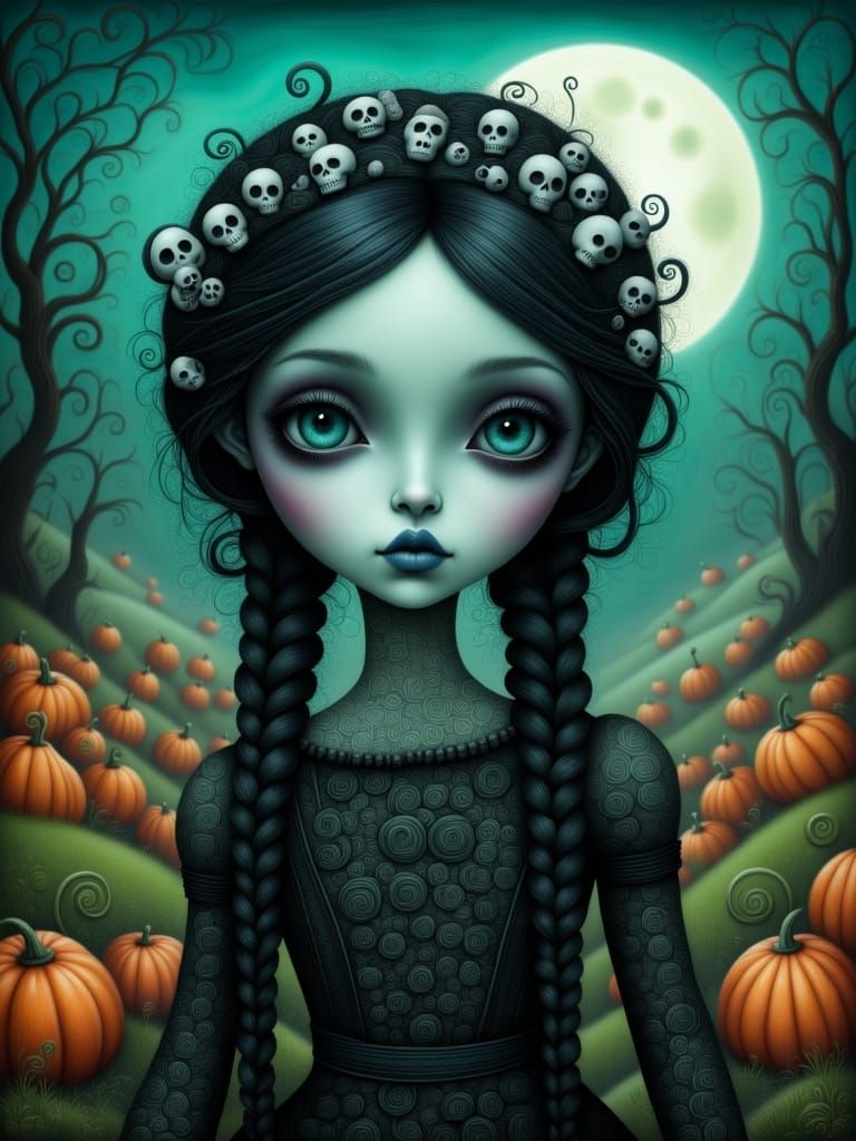 Eerie Girl in Pumpkin Patch Under Full Moon