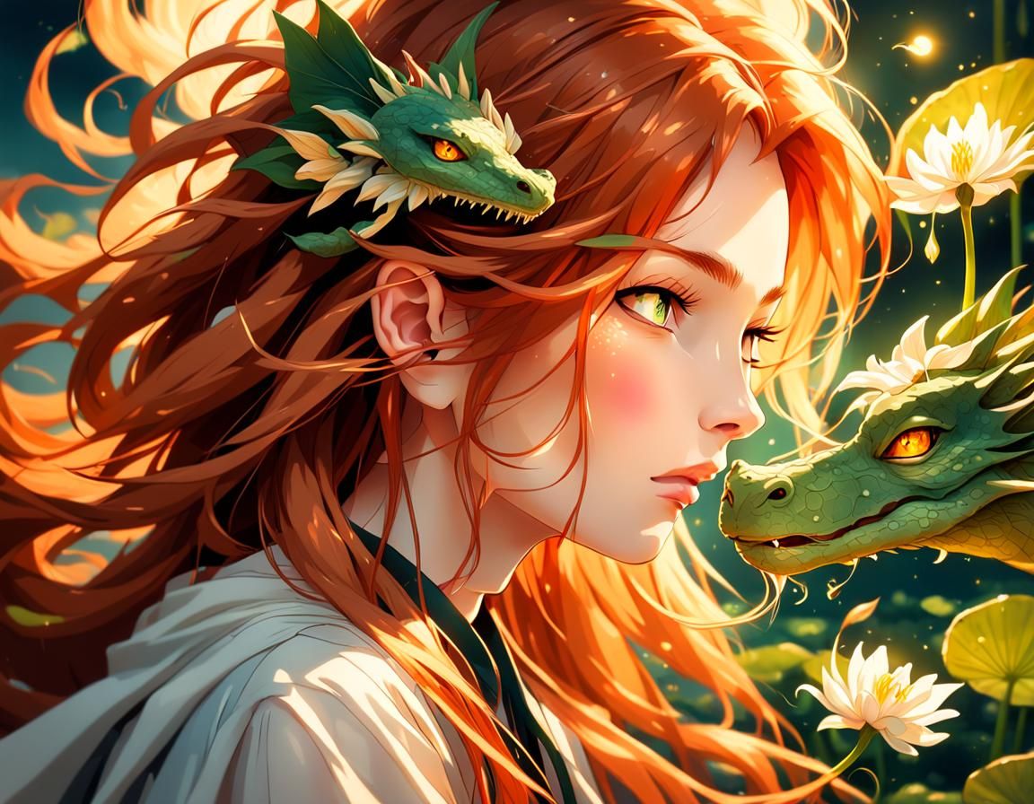 Anime Portrait: Ginger Woman with Dragon and Lily Pad
