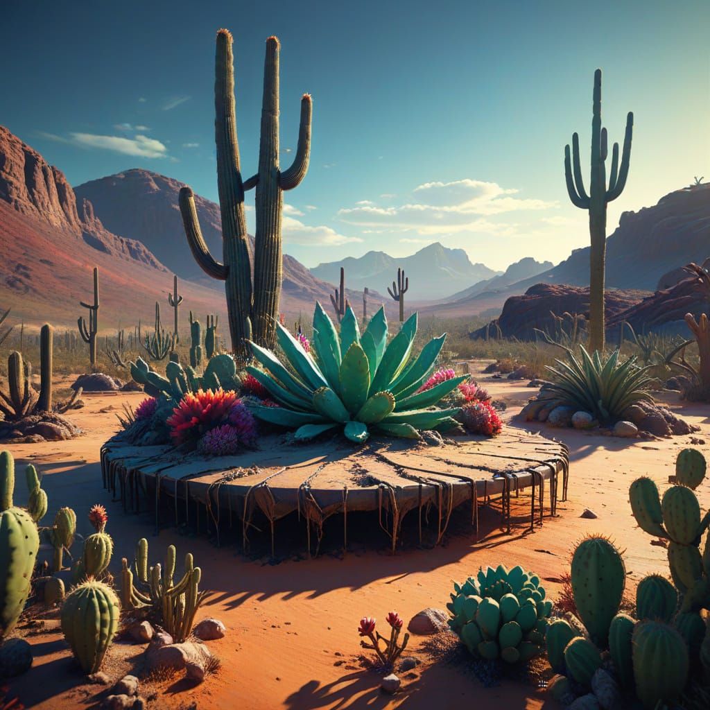 Surreal Desert Explorer on Cactus Bed