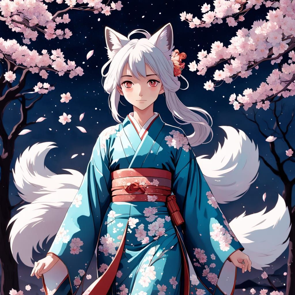 Kitsune Spirit in Beshojo Cherry Blossom Realm at Night