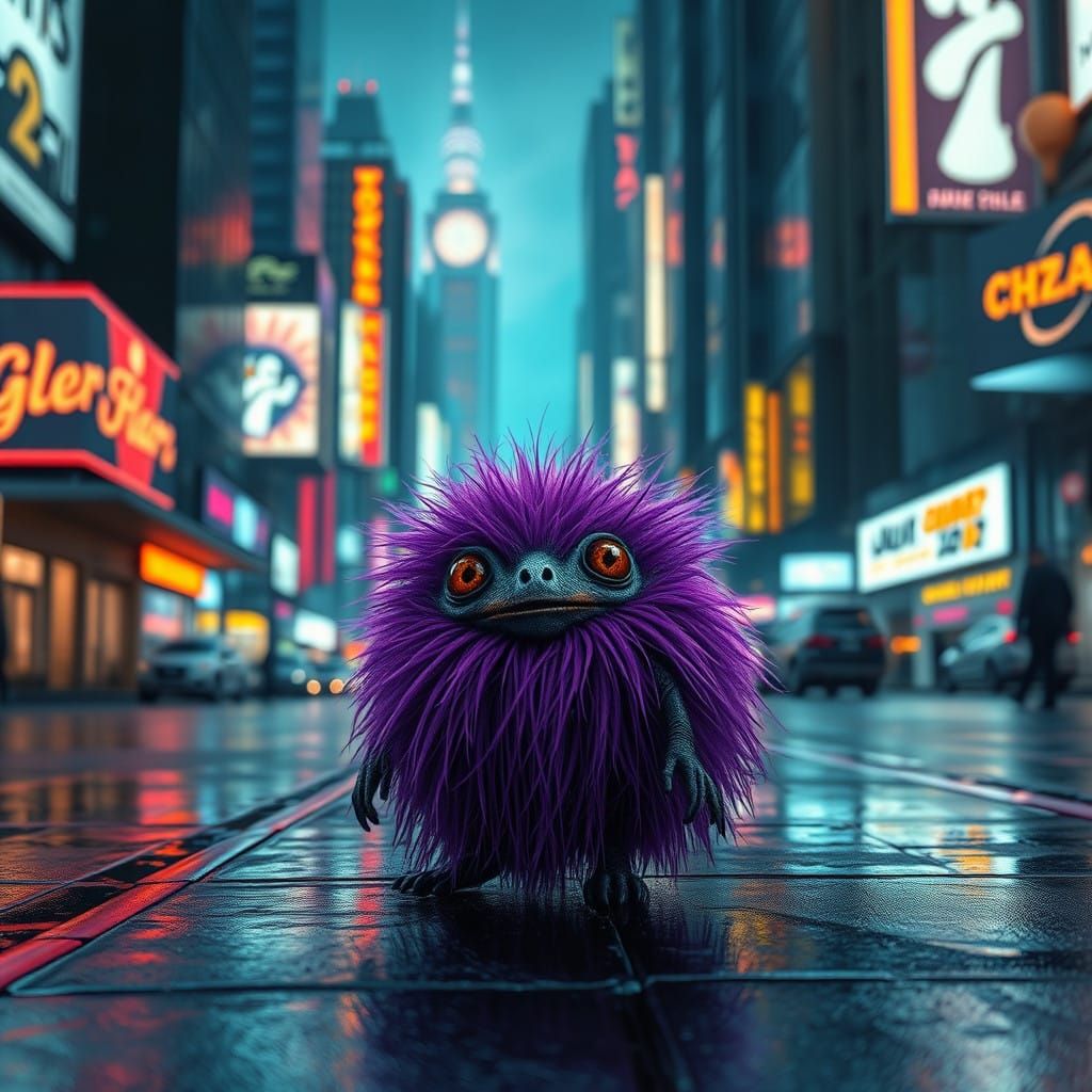 Cyberpunk Beast Radiates Violet Aura in Neon City