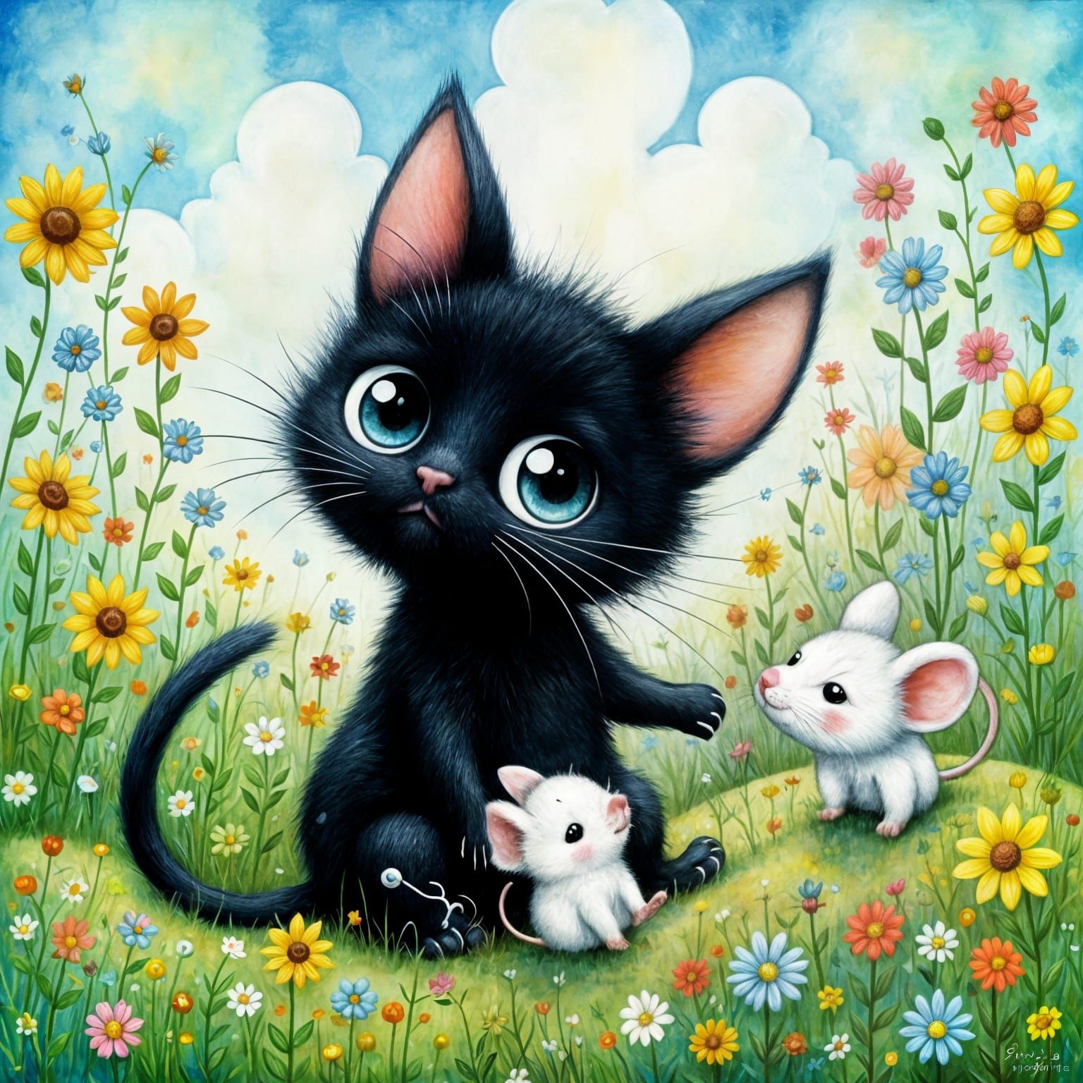 Whimsical Cartoon Kitten in a Chalk Art Masterpiece