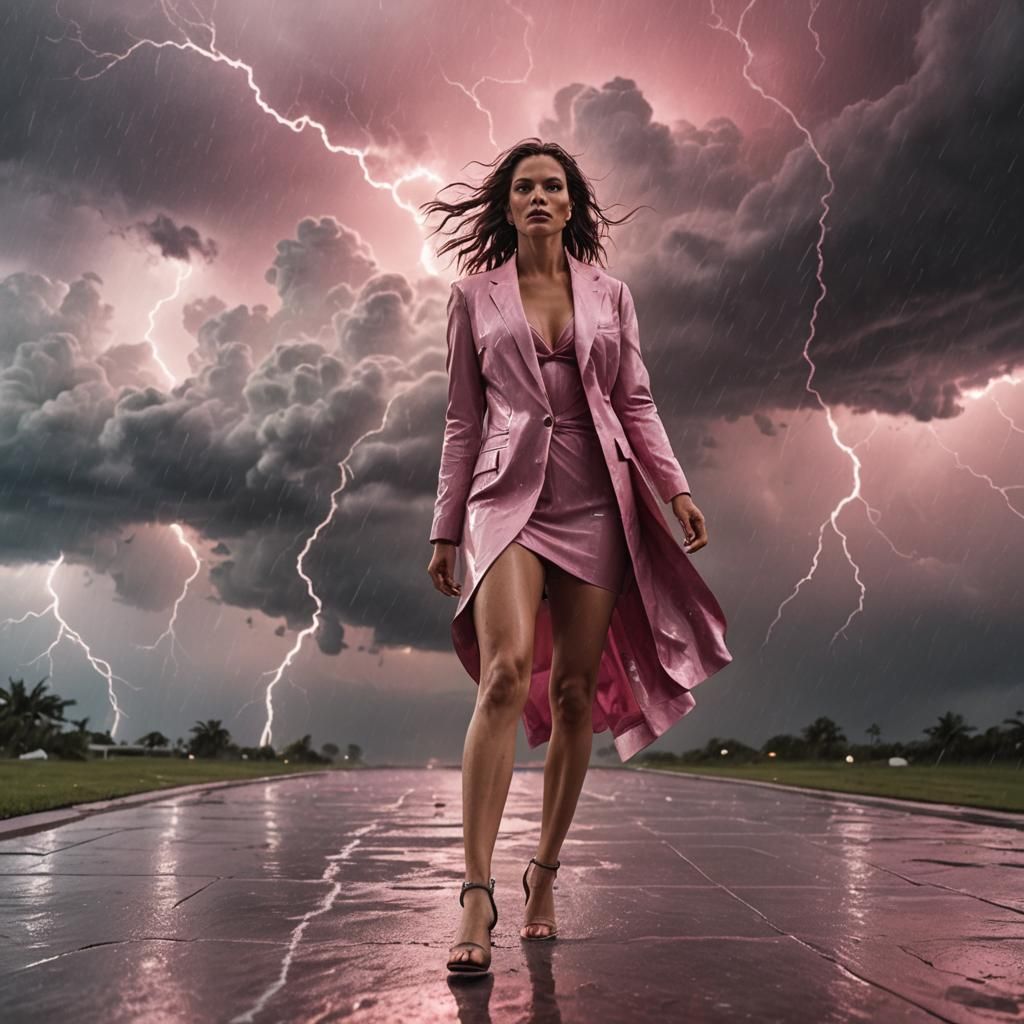 Bunny Bikini Model on Runway in Lightning Storm