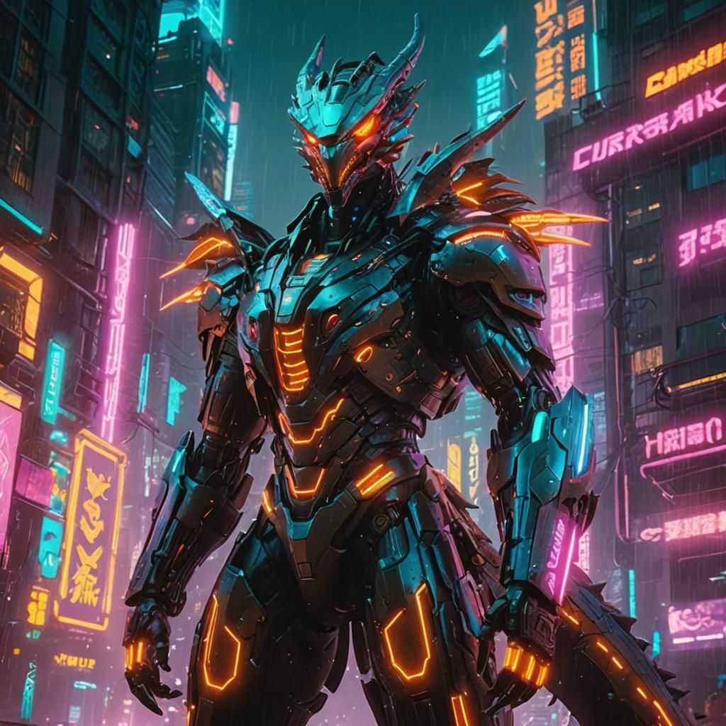 Cyberpunk Dragon Emerges from Neon City
