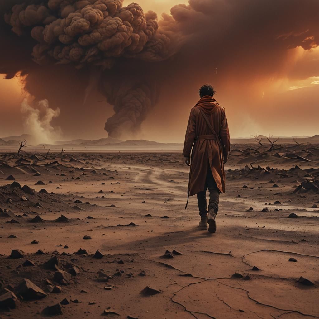 Lone Figure in Barren Wasteland Under Red Sky