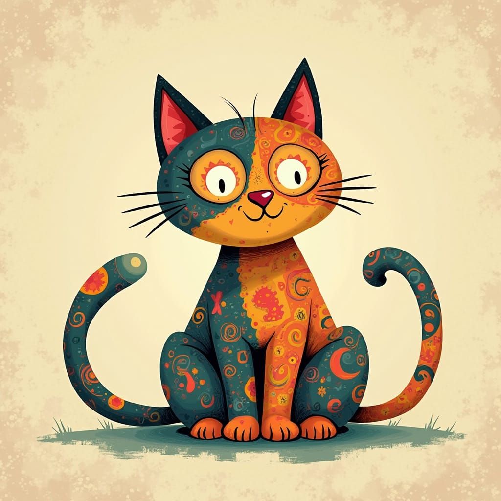 Vibrant Cartoon Cat in Whimsical Geometric Patterns