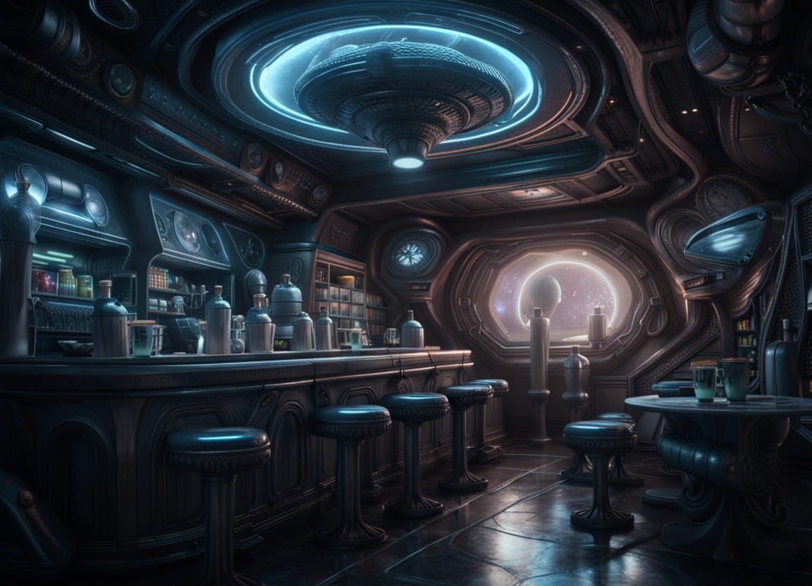Alien-Inspired Coffee Shop in Space: Hyperrealistic Art