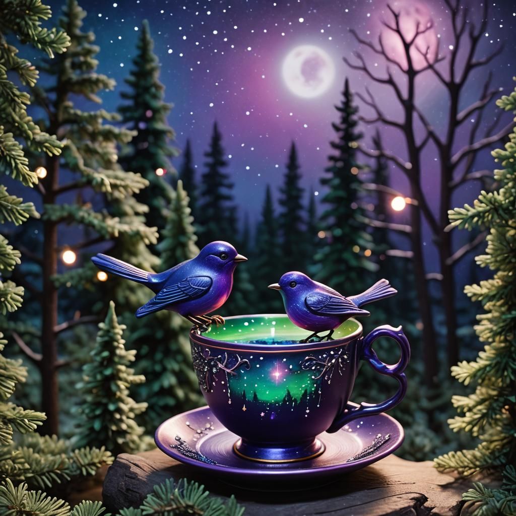 Aurora Borealis Teacup Still Life, Polymer Clay Art