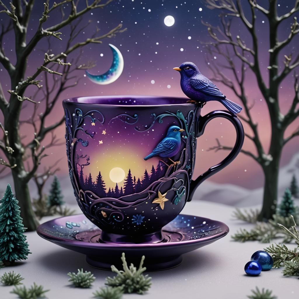 Purple Bird and Aurora Teacup Polymer Clay Scene