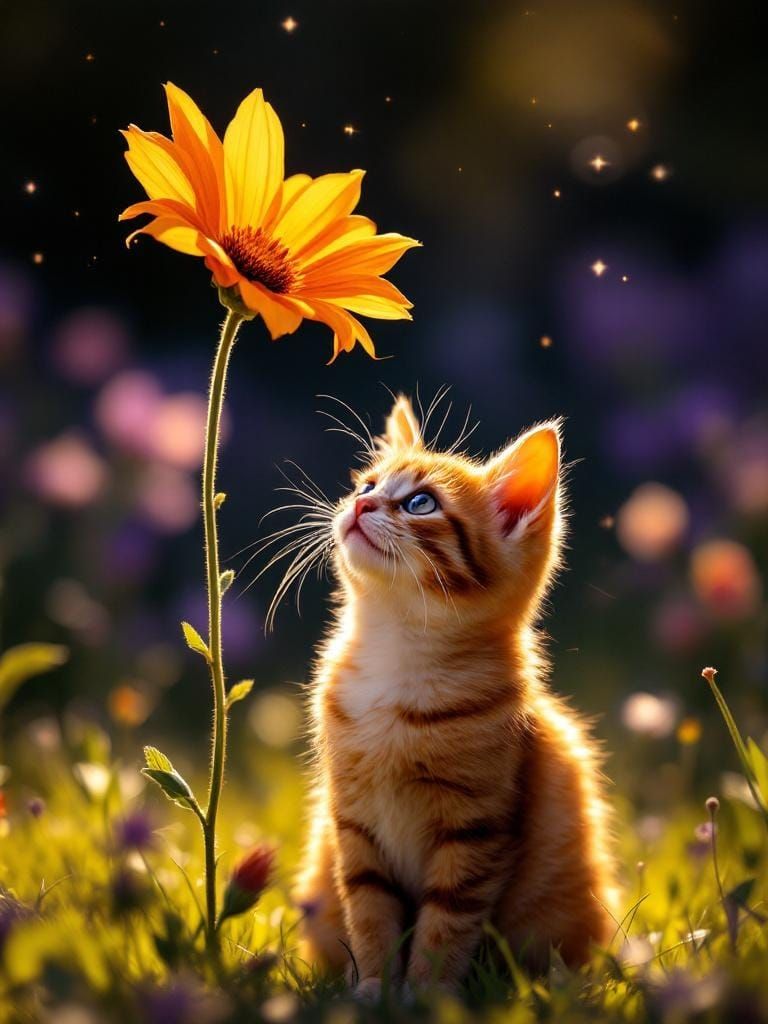 Nostalgic Cat Under Flower, Golden Age Illustration