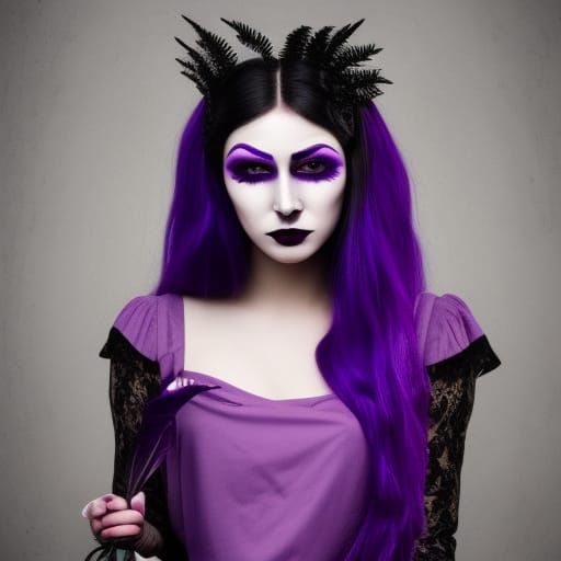Ethereal Gothic young lady with long Black hair& purple eyes wearing a purple Gothic mask& purple lipstick& porcelain co...