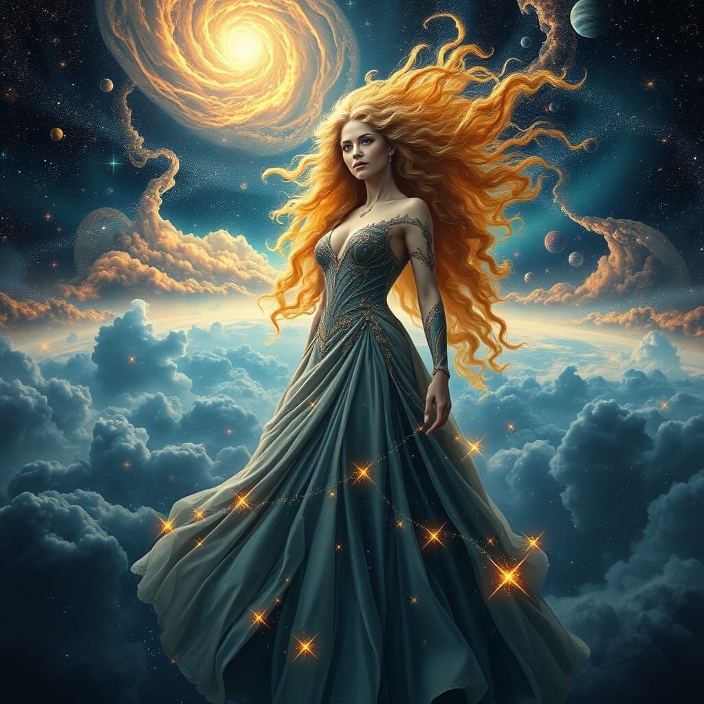 Majestic Cosmic Goddess Unveils the Universe's Secrets