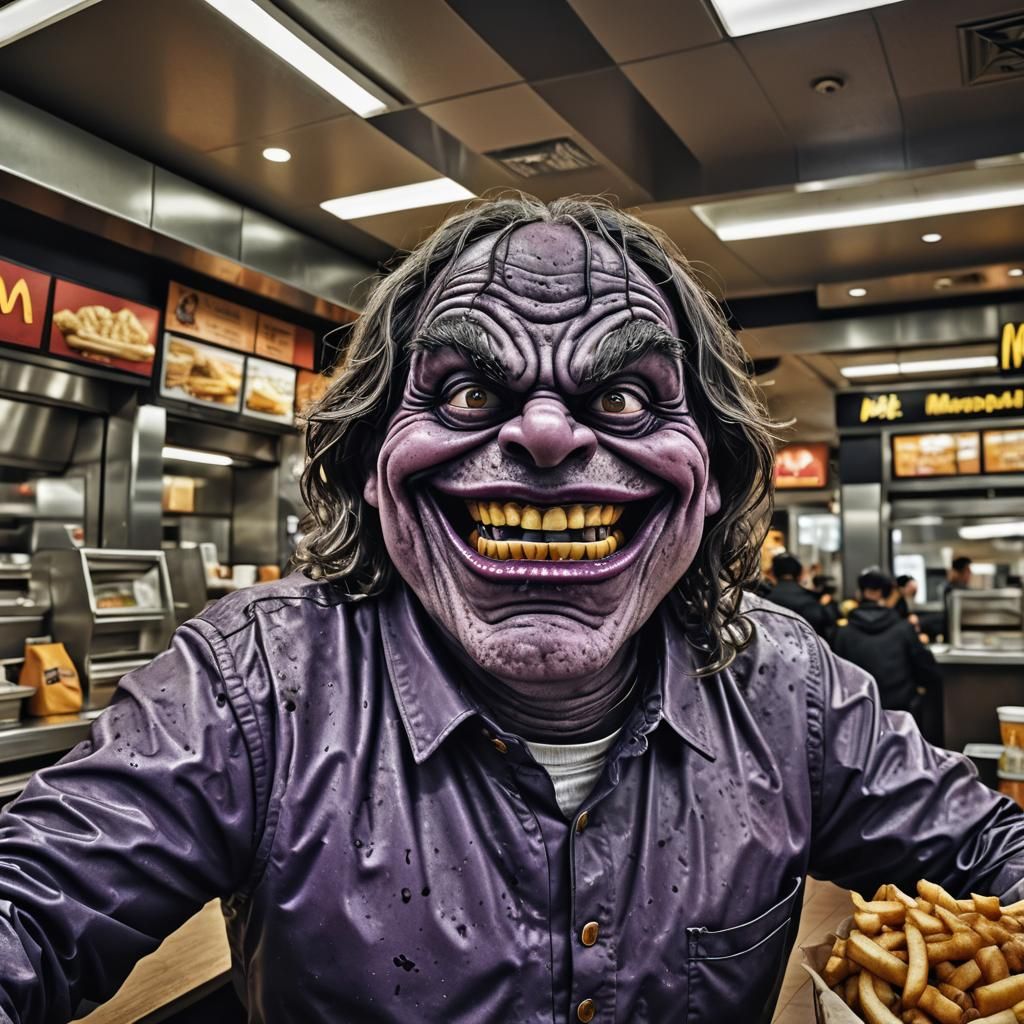 Hyperrealistic Grimace at McDonald's