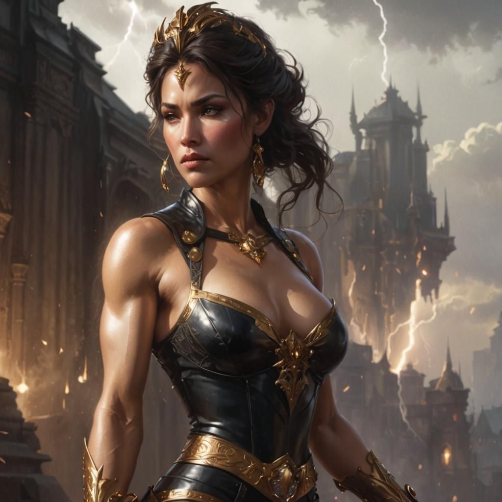 Heroic Dark Fantasy Woman in Alphonse Mucha Style