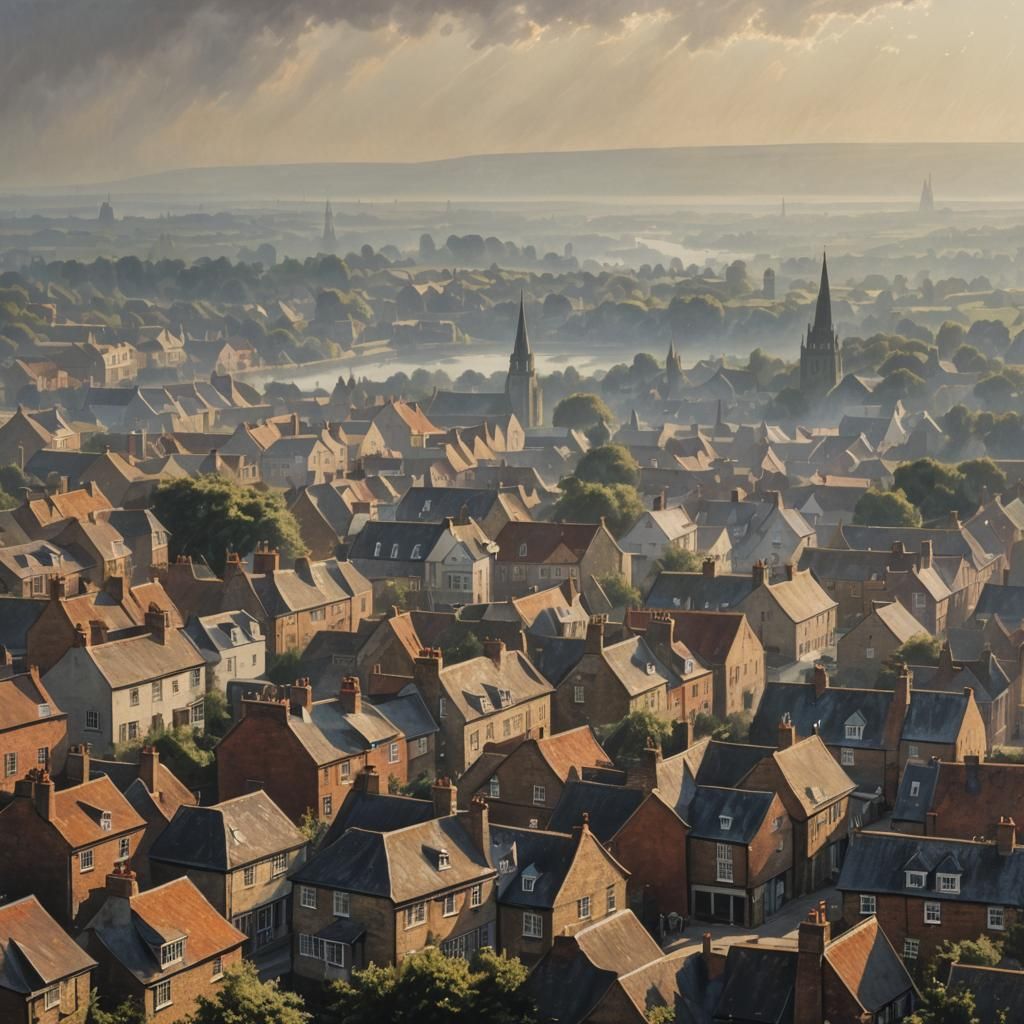 Hazy Sunlight over English Town: Photorealistic View