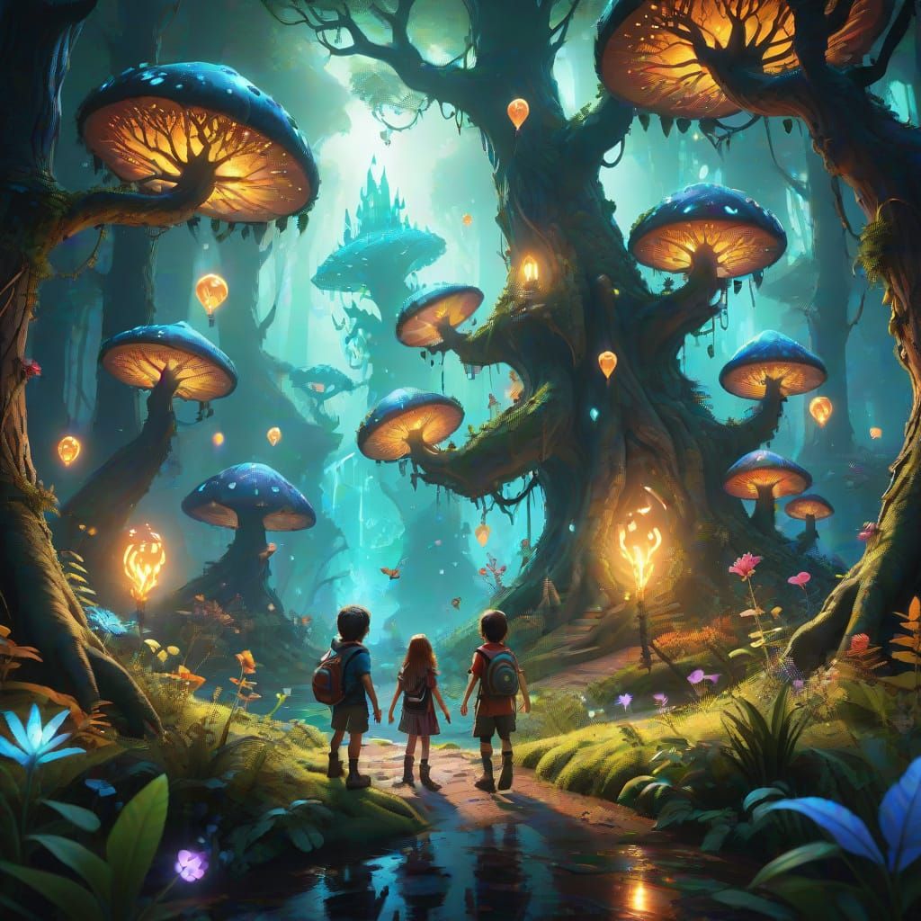 Magical Forest Children Play Fantasy Concept Art