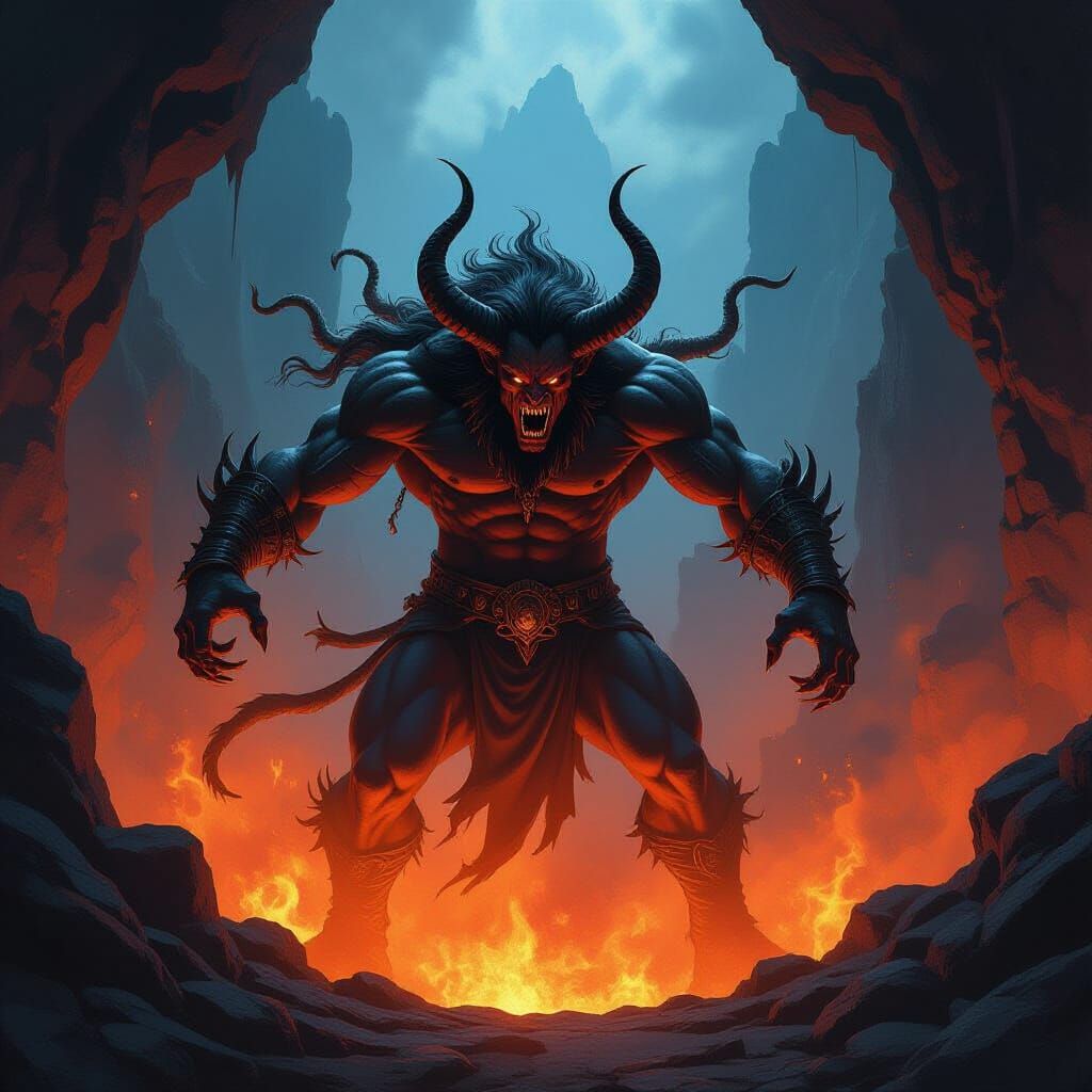 Fearsome Balrog Erupting from Volcanic Chasm