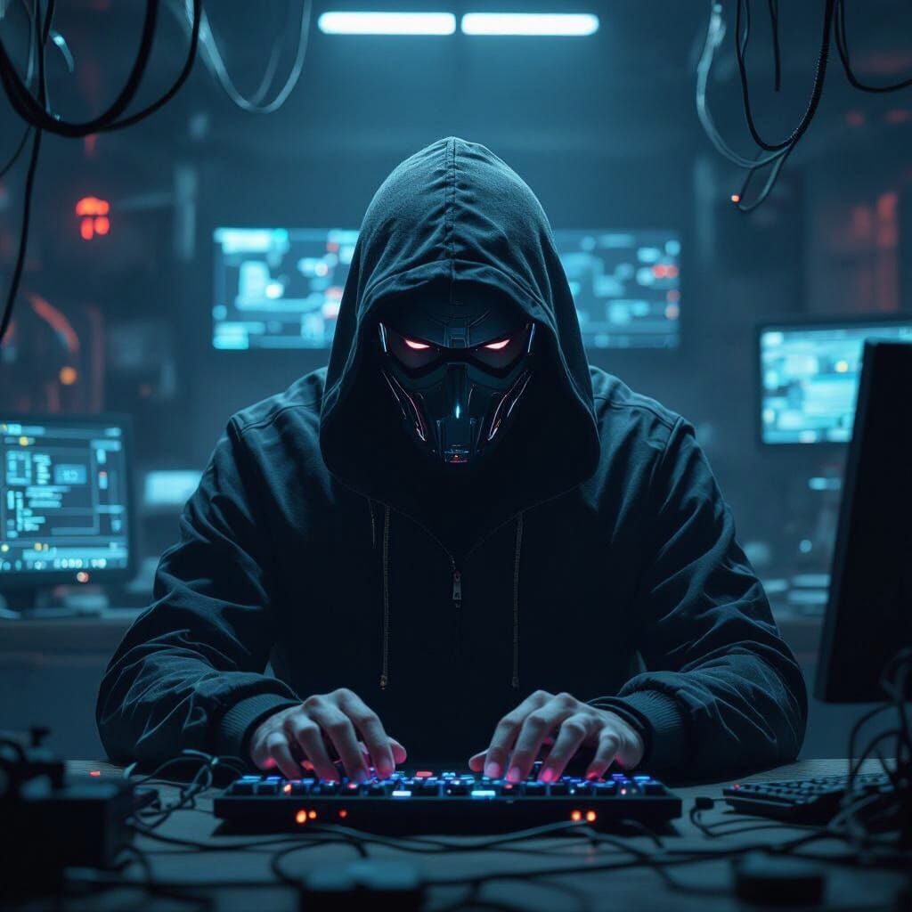 Hooded Hacker in Dimly Lit Room with Futuristic Industrial A...