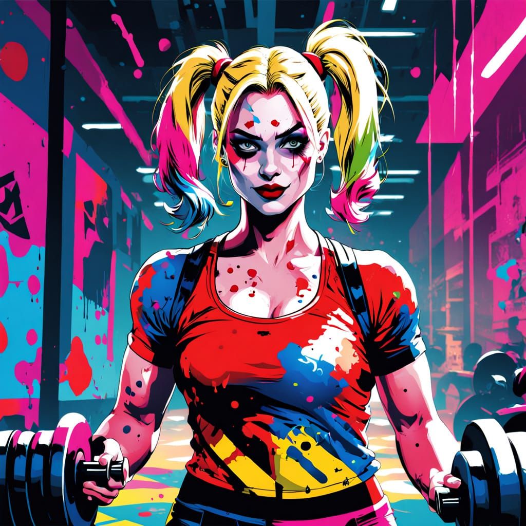 Confident Female Superhero Lifting Weights in a Vibrant Comi...