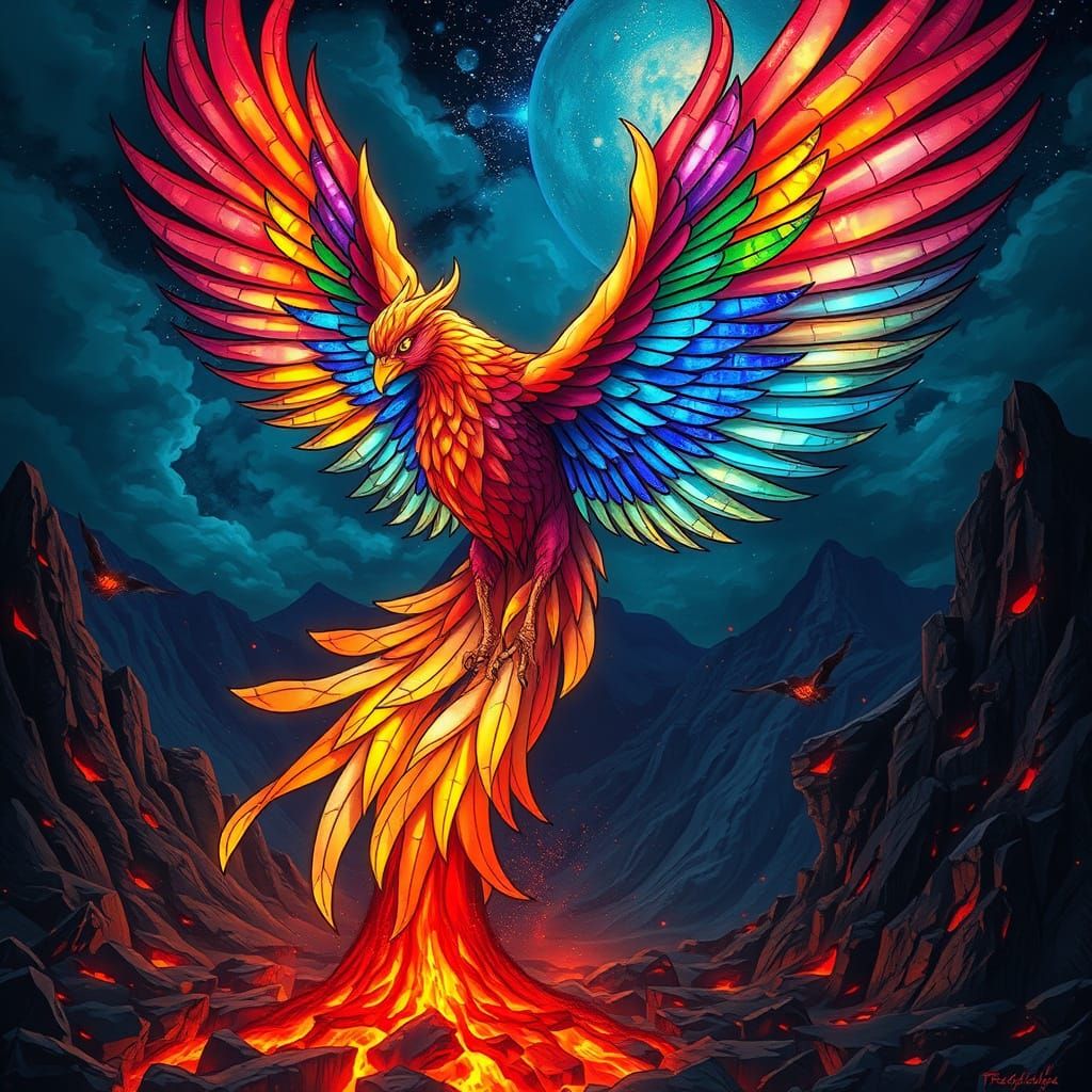 Stained Glass Phoenix Rising: Art Nouveau Digital Painting