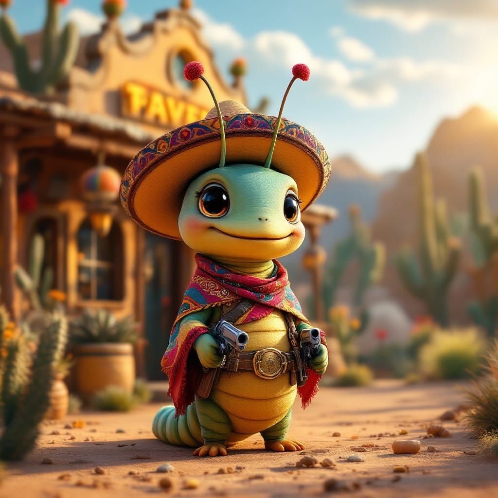 Chibi Caterpillar Gunslinger in Desert, Hyperrealistic Style