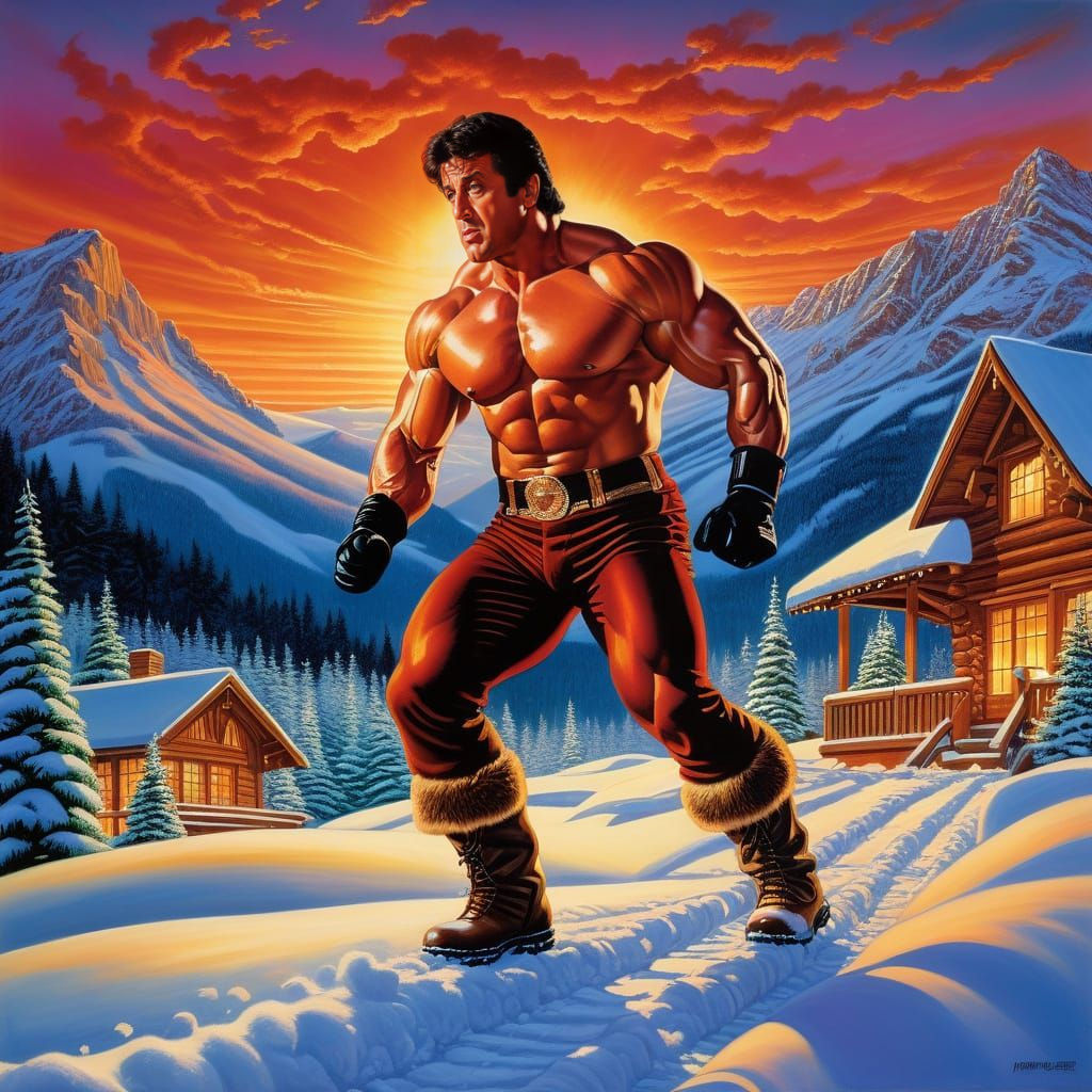 Stallone Conquers Snowy Mountain Resort, Fantasy Art