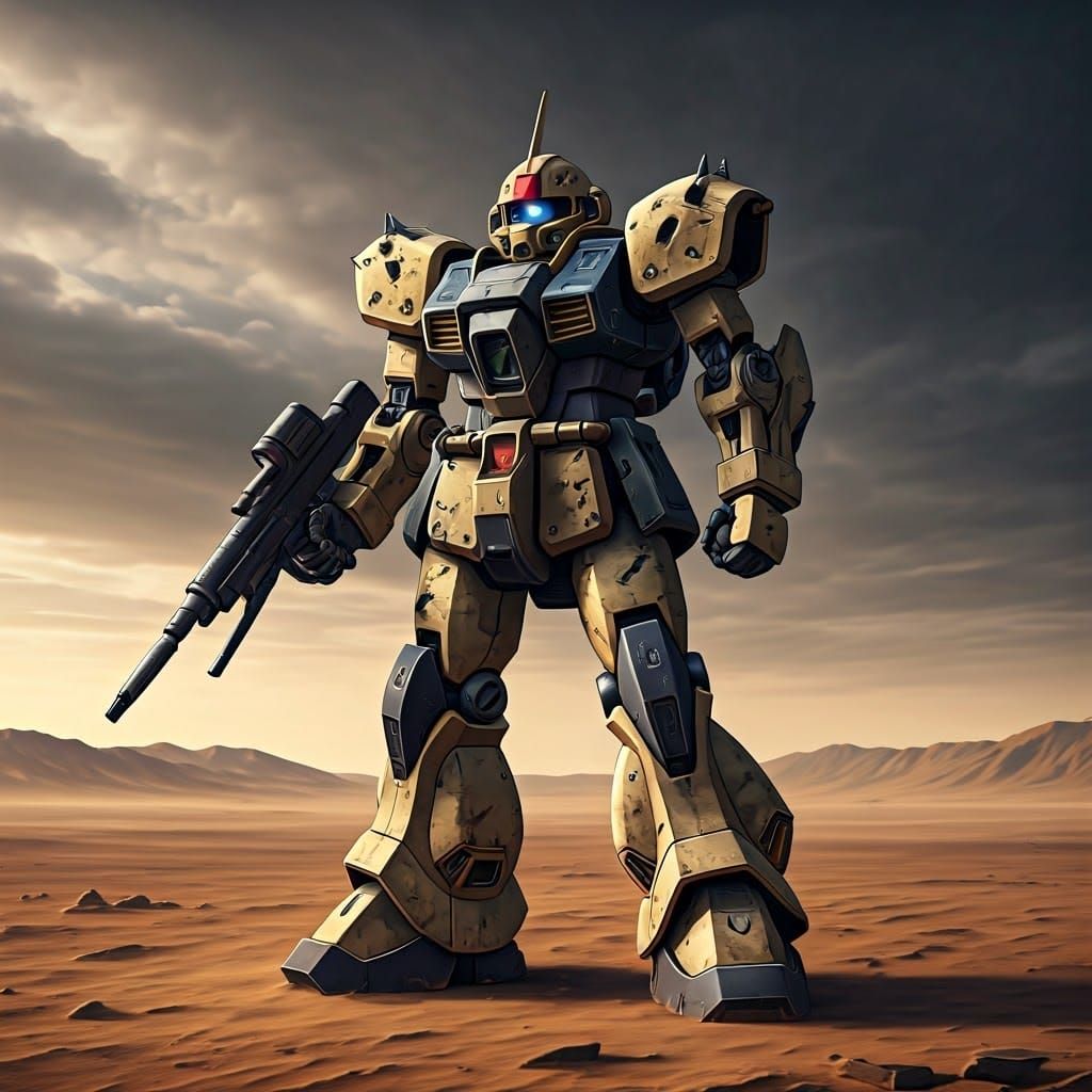 Zeon Mobile Suit in Desert Landscape, 3D Render