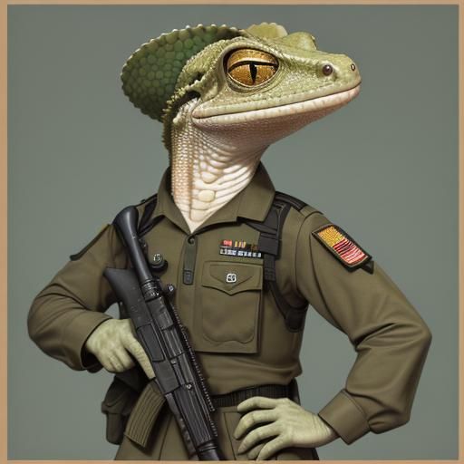 Anthropomorphic Gecko Soldier in Army Uniform
