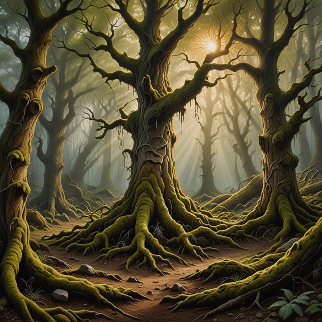 Mysterious Old Forest with Fox, Hyperrealistic Oil Painting