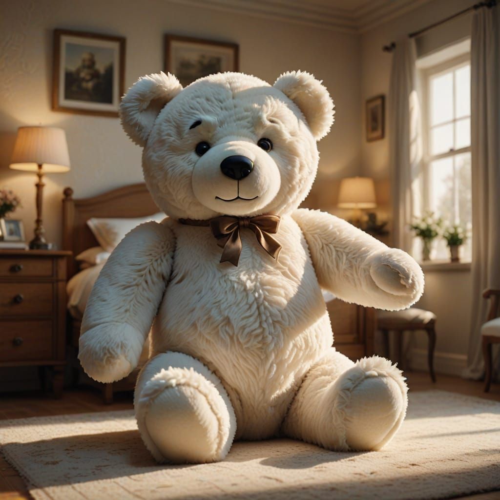 Giant White Teddy Bear in Bedroom with Golden Hour Light