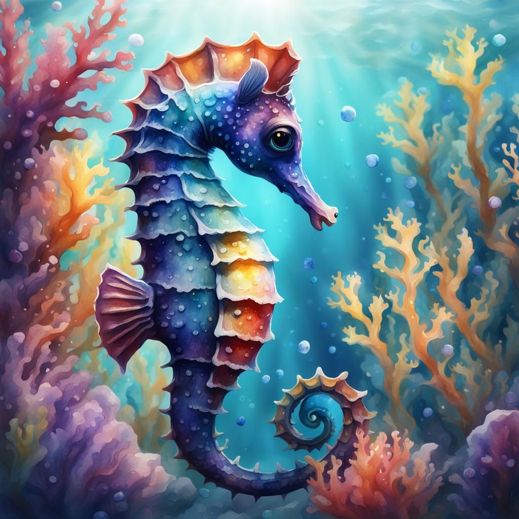 Underwater Seahorse in Detailed Watercolor Painting