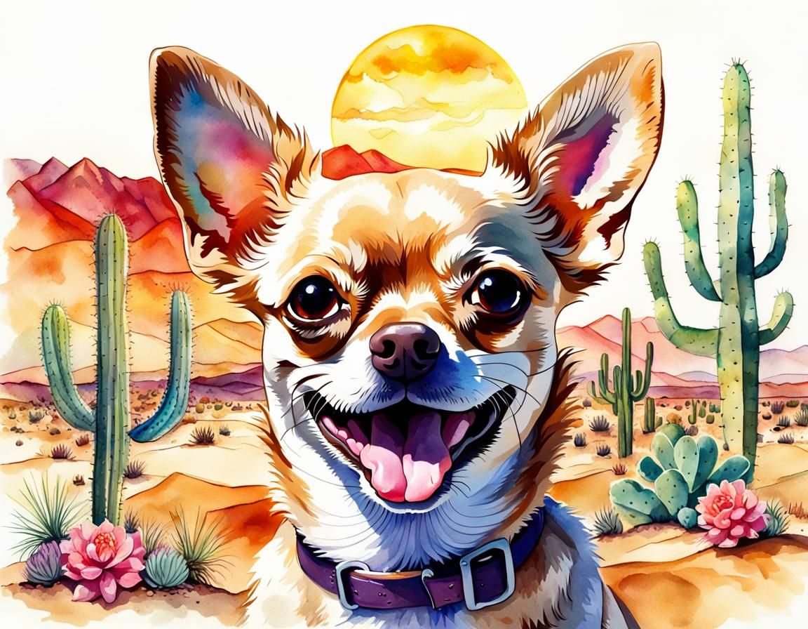Happy Chihuahua Portrait in Watercolor Style