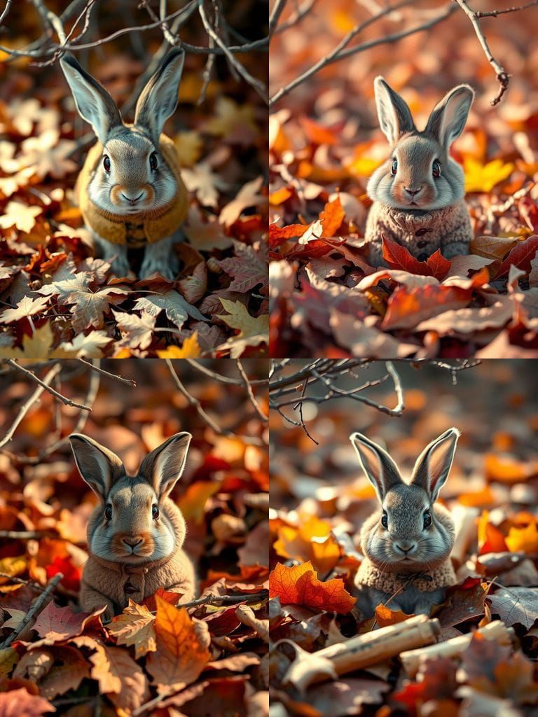 Rabbit in Earth-Toned Coat Amidst Autumn Leaves