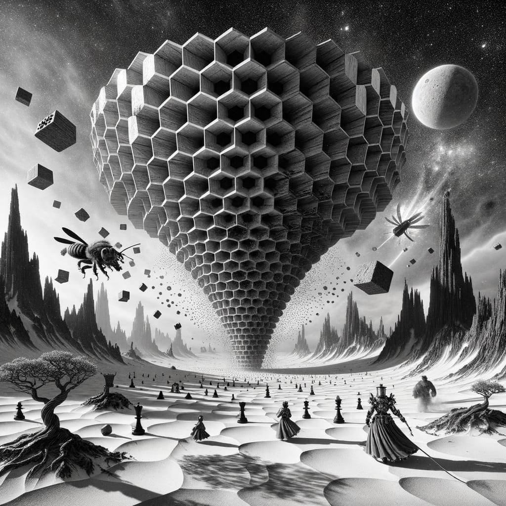 Monochrome Lunar Landscape with Steampunk Warriors